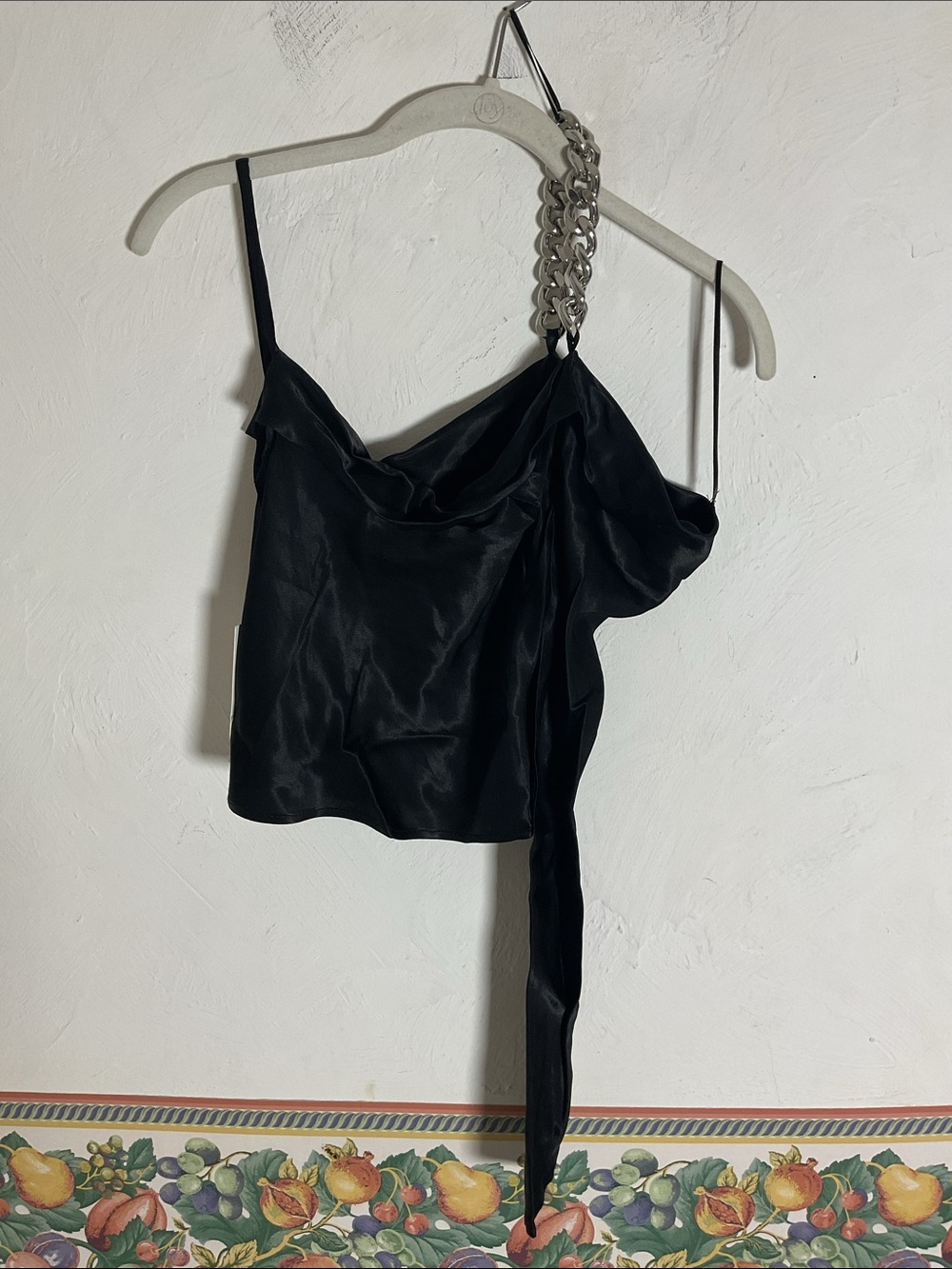 Zara Satin Asymmetric Chain Strap Crop Top Black Side Zip Cowl Neck Size XS NWT